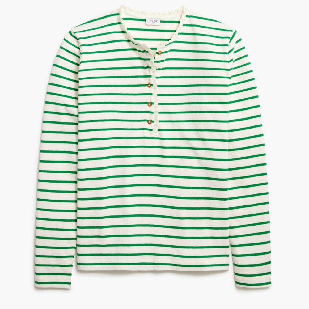 J. Crew Green & White Striped Henley Long-Sleeve Top